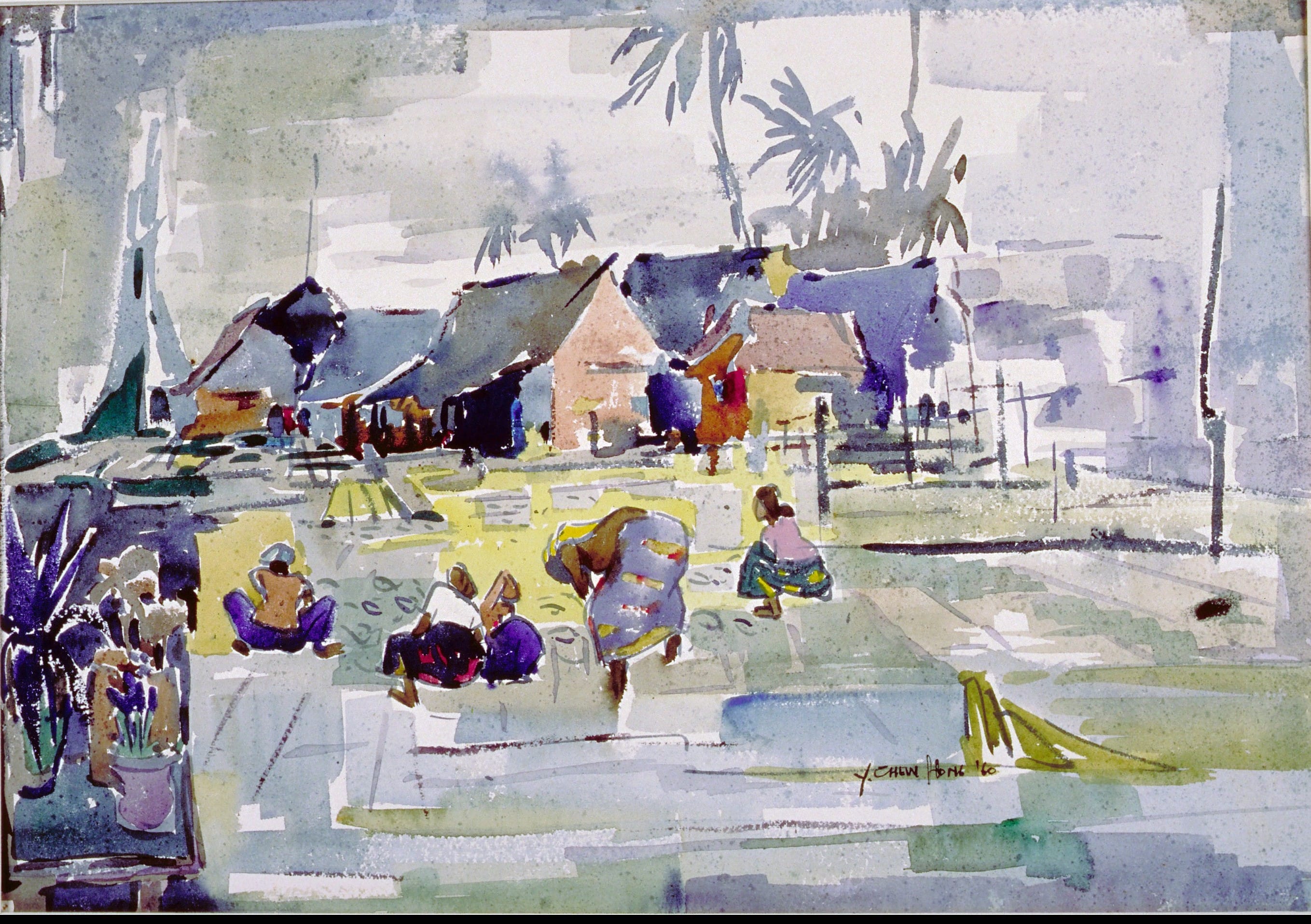 Thomas Yeo, Gathering Dry Fishes. 1960. Watercolour on paper. 49 x 54 cm. Collection of National Heritage Board, Singapore.